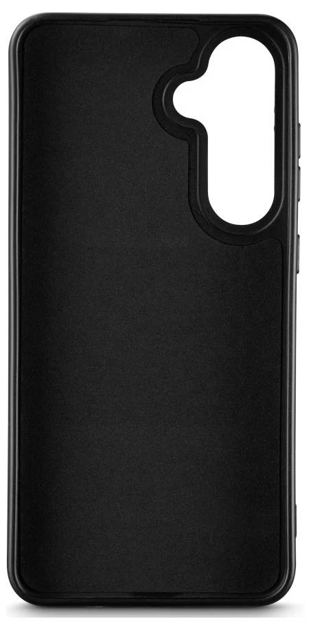 Étui pour smartphone noir avec une grande découpe pour appareil photo arrière, présenté en vue de face sur fond blanc.
