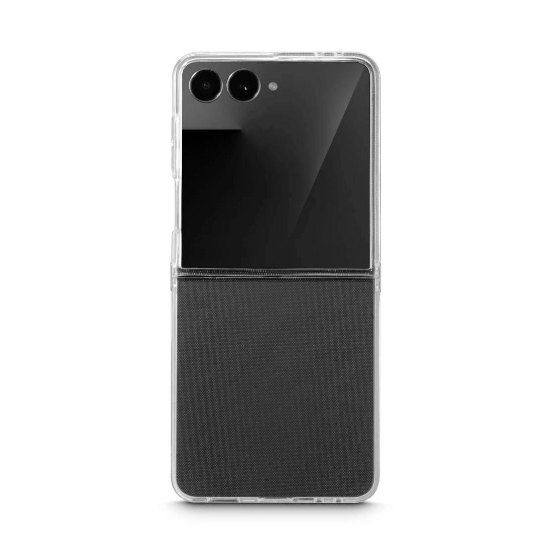 Smartphone noir pliable montré fermé dans une coque de protection transparente, face avant et arrière visibles sur fond blanc.
