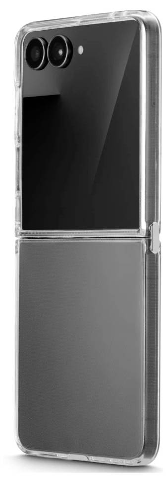 Un téléphone à clapet replié dans un étui de protection transparent, montré de l'arrière avec des caméras doubles sur la section supérieure.