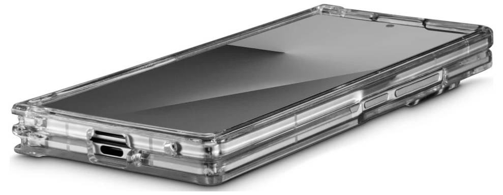 Étui de protection rigide transparent pour un smartphone, présenté fermé sur un fond blanc.