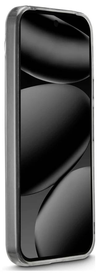 Un smartphone noir avec un fond d'écran abstrait brillant sur l'écran, présenté verticalement sur un fond blanc.