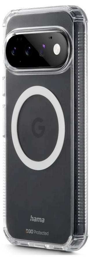 Coque de protection transparente pour téléphone avec rebord surélevé pour appareil photo et anneau magnétique pour Google Pixel, de marque « hama » et « D30 Protected ».