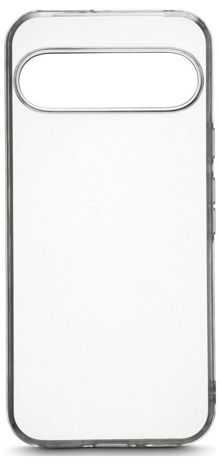 Étui de téléphone transparent avec une grande découpe ovale près du haut, présenté sur un fond blanc.