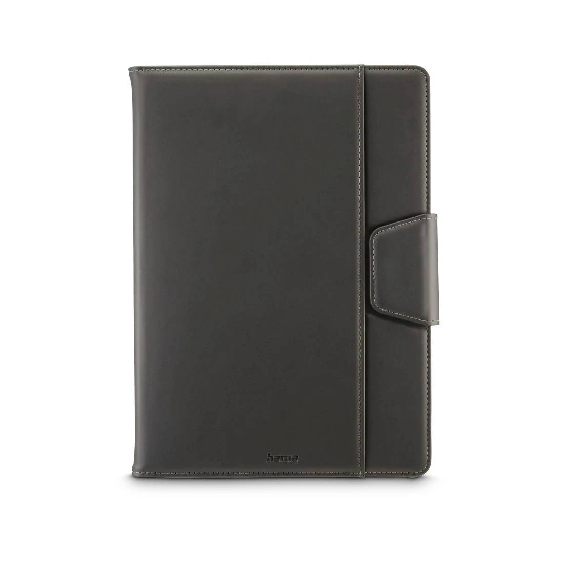 Housse de planificateur ou de carnet en cuir noir avec fermeture à rabat à pression, présentée fermée sur un fond blanc uni.