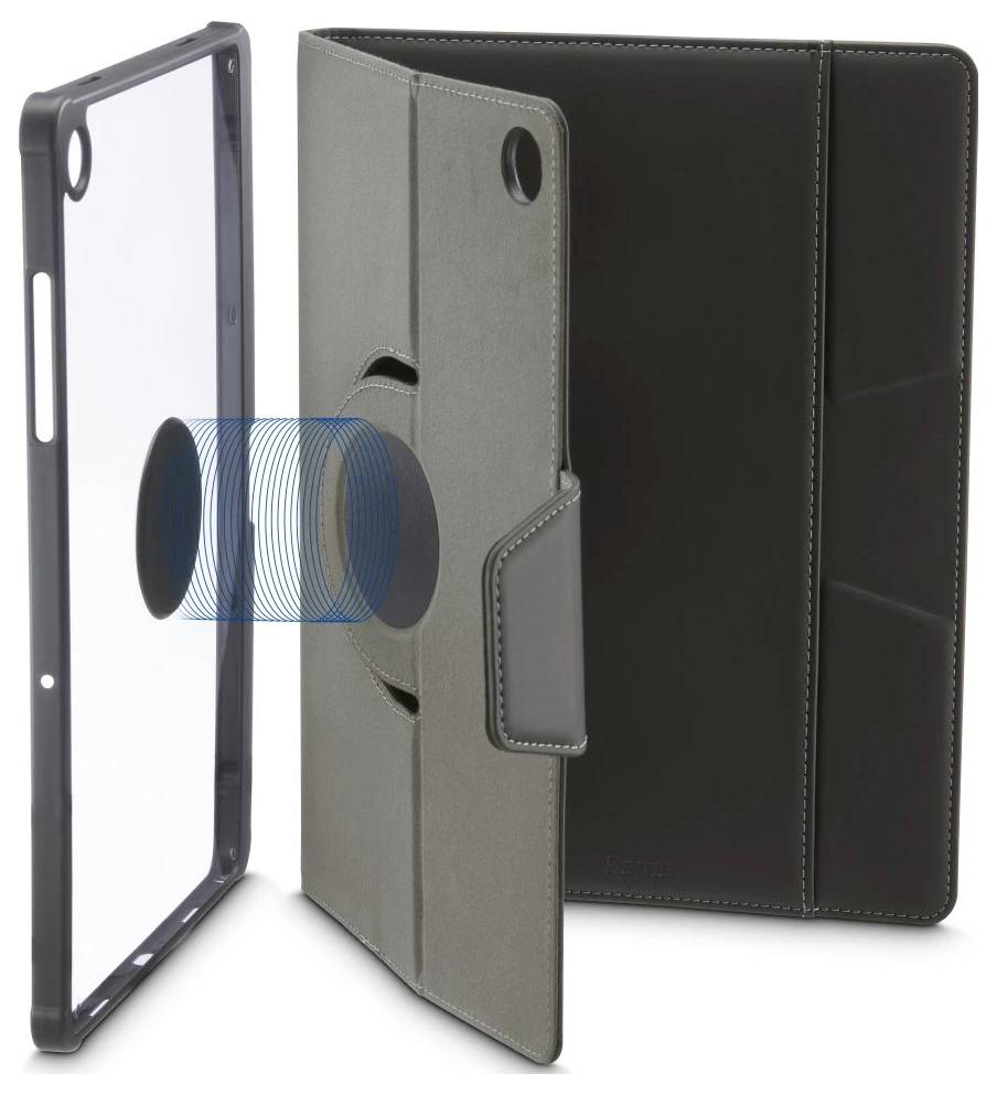 Vue éclatée d'un étui de tablette composé de trois pièces : un cadre transparent, une couverture folio grise et un couvercle arrière noir.