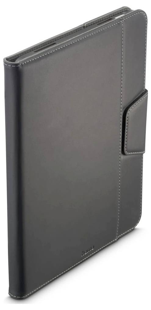 Étui folio noir en cuir pour tablette ou liseuse électronique avec fermeture latérale, présenté fermé sur fond blanc.