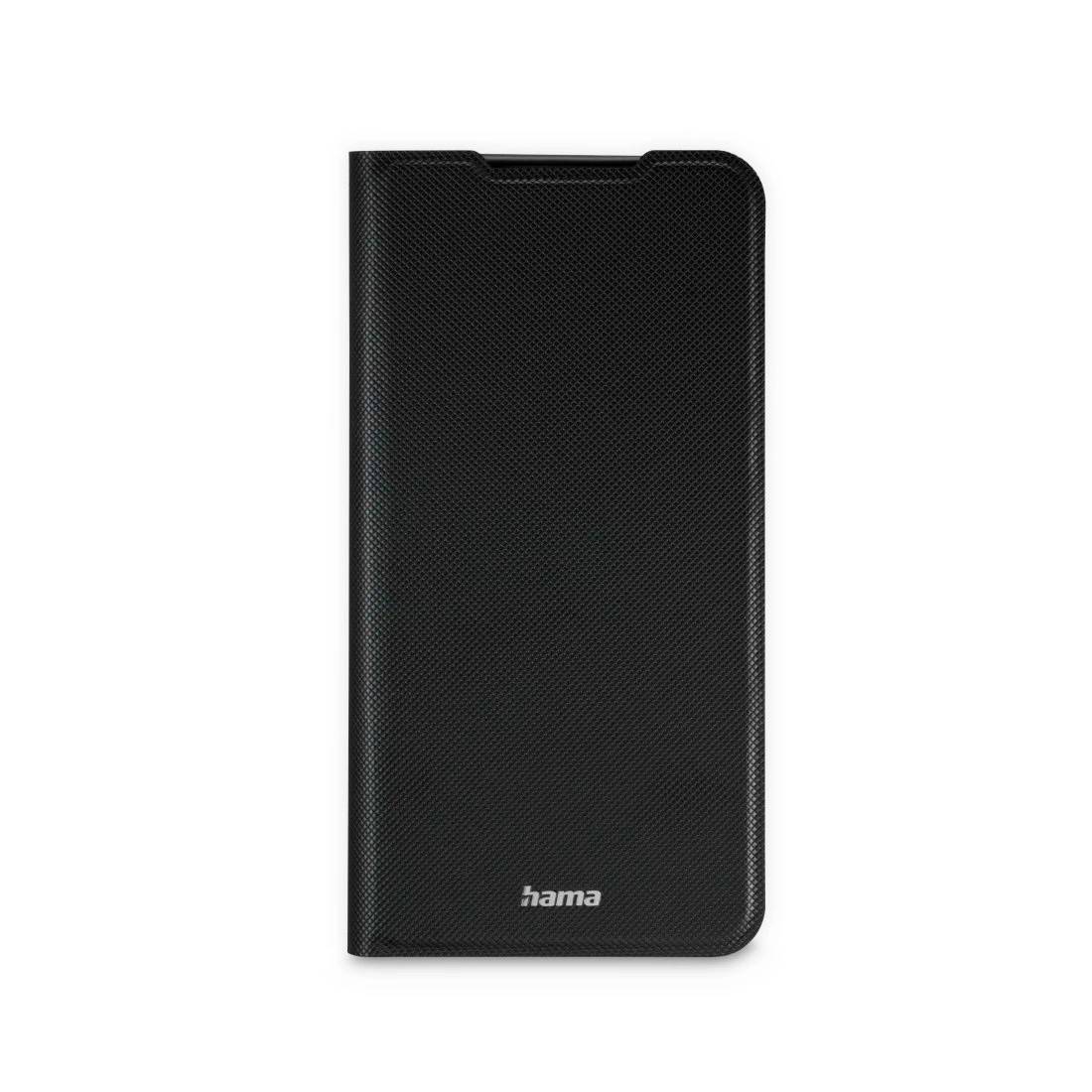 Étui pour téléphone noir Hama avec surface texturée et bords arrondis, présenté fermé sur fond blanc.