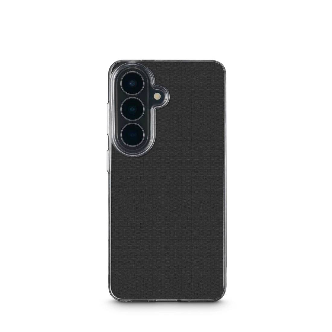 Étui de smartphone noir montré de l'arrière, avec une découpe de triple caméra surélevée en haut à gauche.