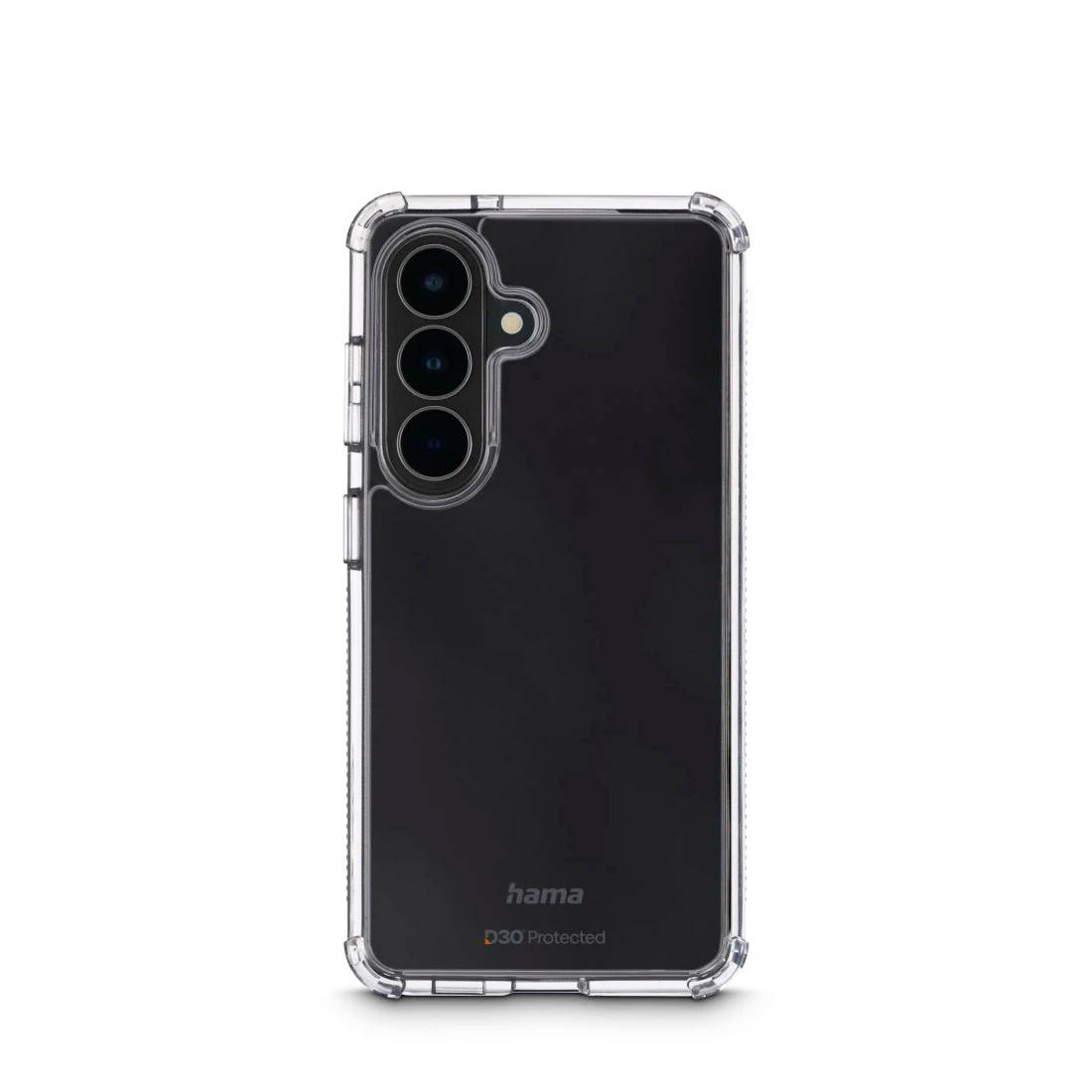 Smartphone noir dans un étui de protection transparent avec des coins surélevés et découpe triple pour appareil photo arrière, présenté sur fond blanc.