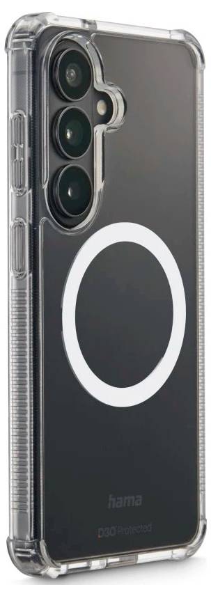 Étui de téléphone transparent avec un anneau MagSafe blanc et une découpe pour triple appareil photo, présenté au dos d'un smartphone.
