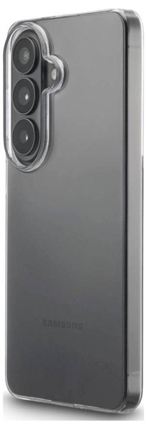 Smartphone Samsung présenté de l'arrière dans une coque de protection transparente, avec un module de triple caméra arrière dans le coin supérieur gauche.