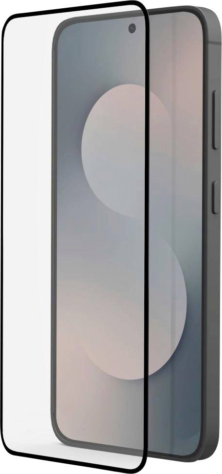 Vue de face et de dos d'un smartphone noir épuré avec un grand écran sans bordures et des boutons latéraux.