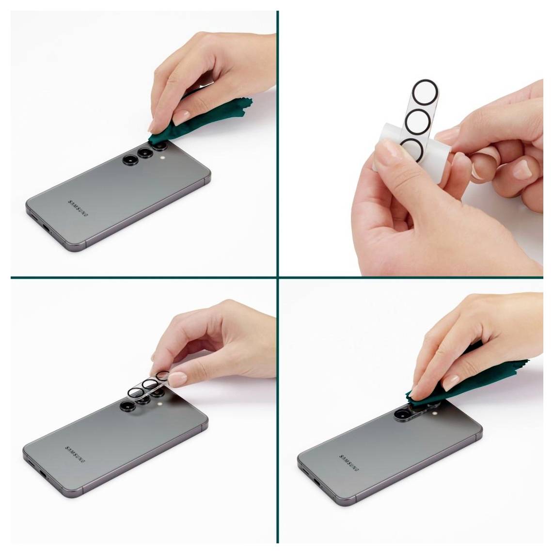 Tutoriel en quatre panneaux montrant des mains appliquant un protecteur d'objectif de caméra sur la caméra arrière d'un smartphone, incluant le retrait du film de protection et son application en place.