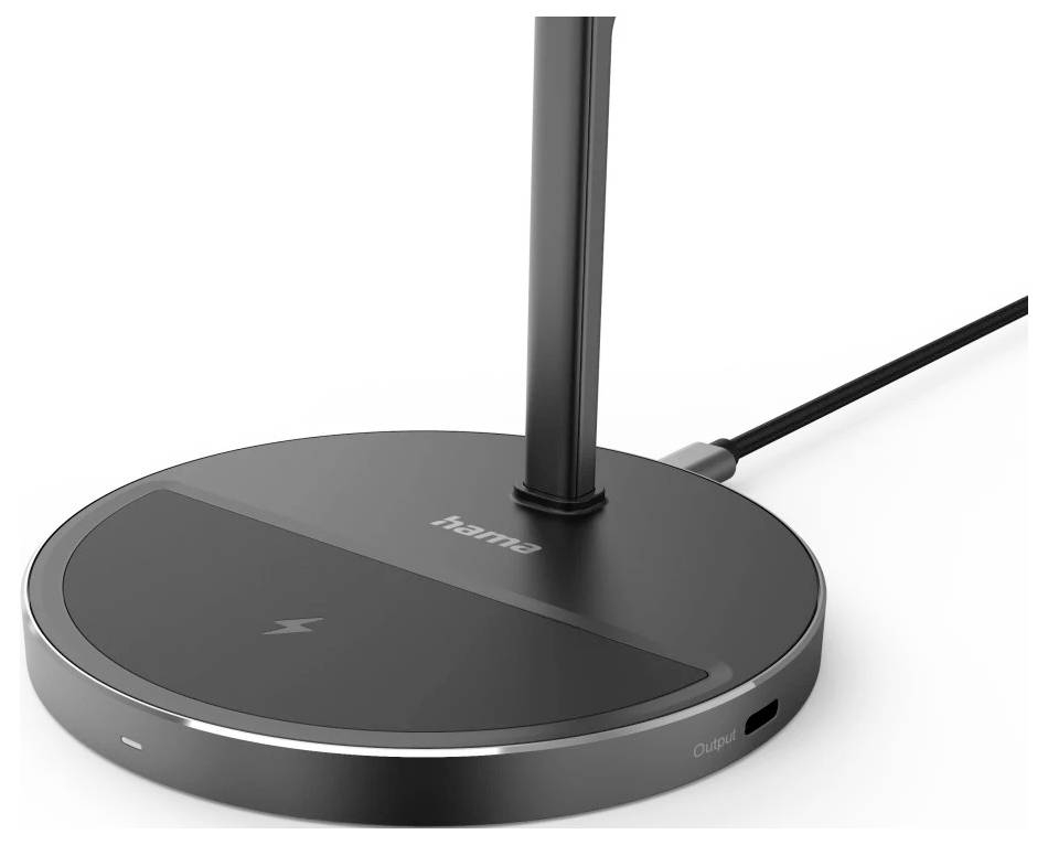 Gros plan d'une base de support de recharge sans fil noire avec une tige de support pour téléphone et un câble attaché.