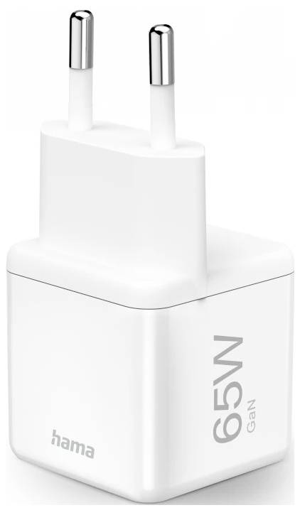 Adaptateur secteur Hama 65W GAN blanc avec deux broches rondes de prise européenne montré sur un fond uni.