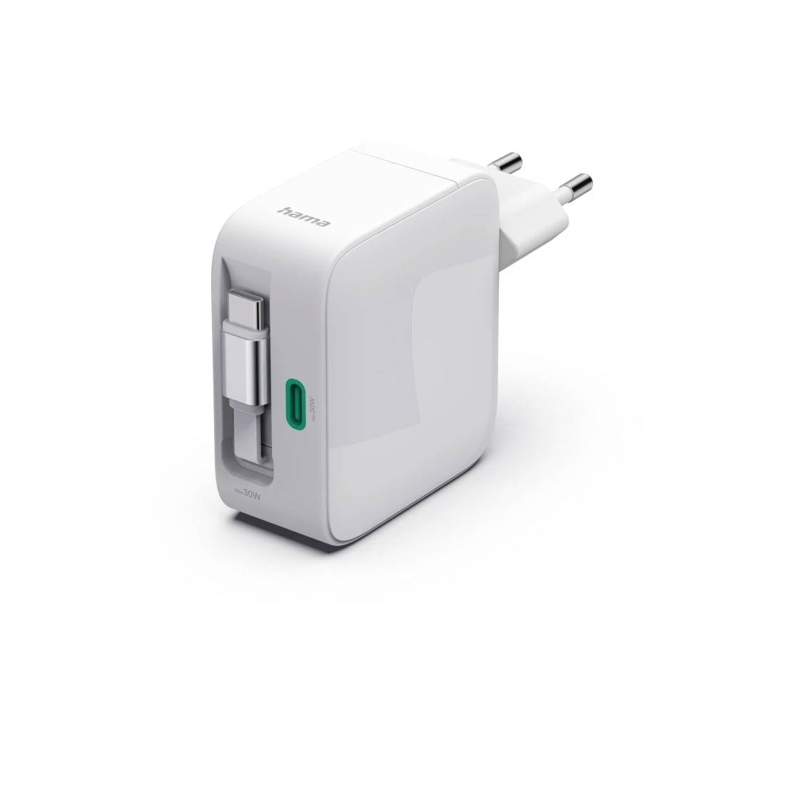 Chargeur mural blanc avec prise à deux broches, un port USB-C et un câble rétractable intégré à l'avant.