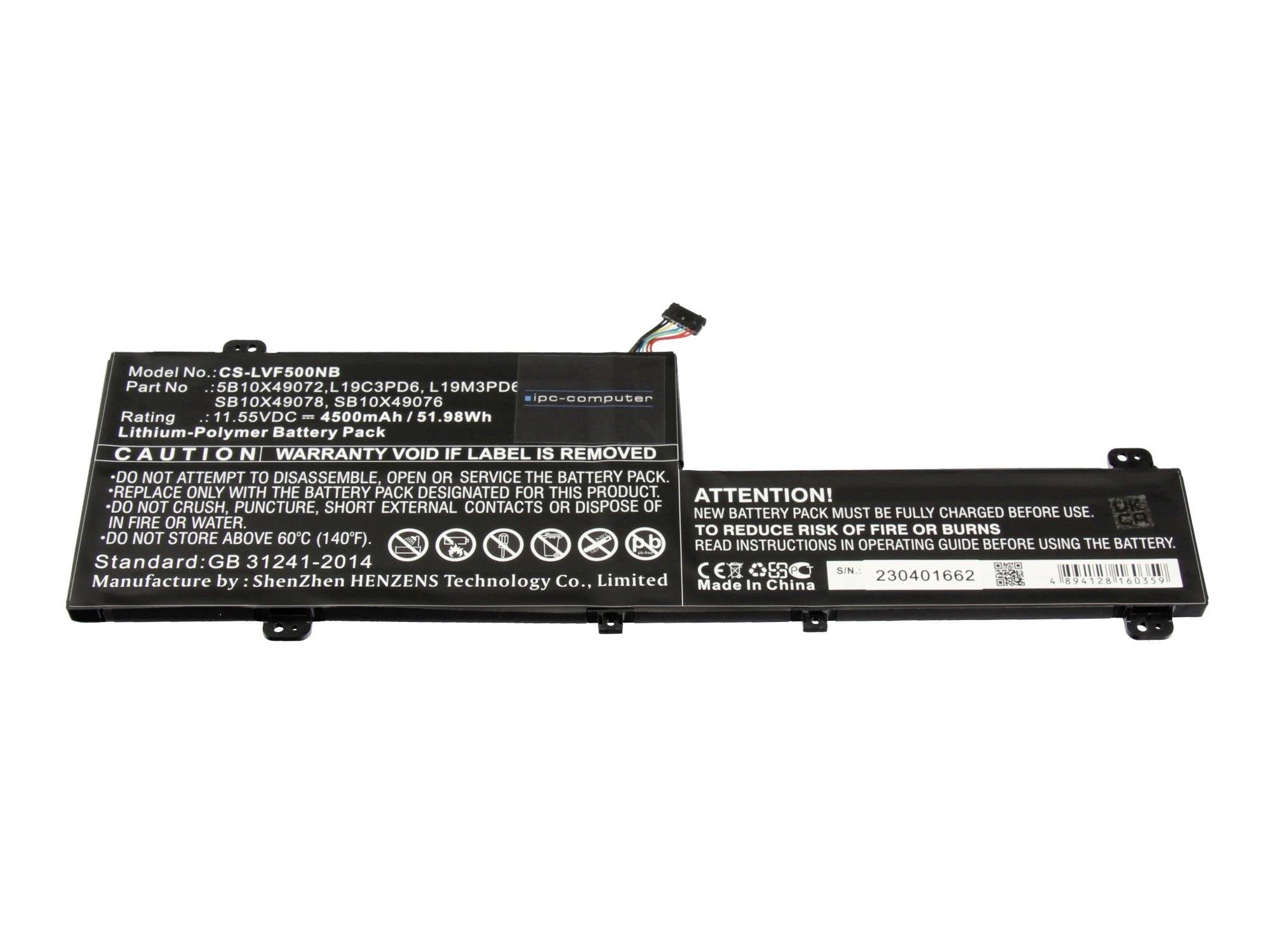 Batterie de pack pour ordinateur portable noire avec étiquettes d'avertissement et fils de connecteur, présentée sur un fond blanc.