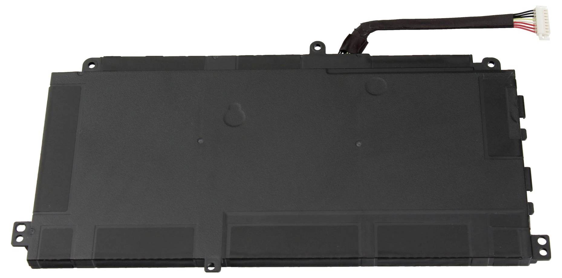 Batterie d'ordinateur portable noir avec connecteur filaire et pattes de montage, présentée isolée sur fond blanc.