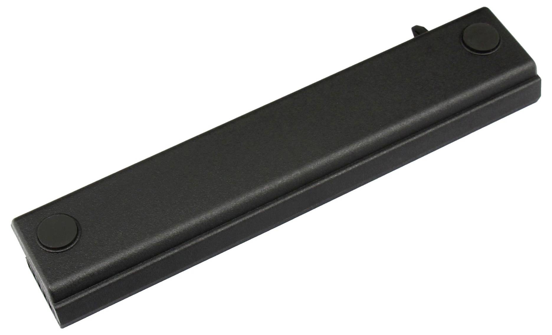Batterie rectangulaire noire avec deux capuchons circulaires aux extrémités, présentée sur un fond blanc.