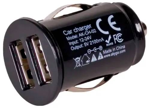 Chargeur de voiture USB double noir étiqueté « Chargeur de voiture », entrée 12-24V et sortie 5V 2100mA, présenté sur un fond blanc.