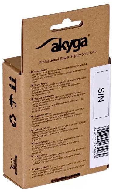 Boîtier d'alimentation électrique professionnel Akyga montré en position verticale, avec un emballage en carton brun et une étiquette latérale blanche marquée « N° S » et un code-barres.