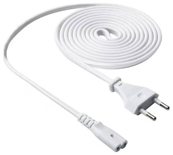 Cordon d'alimentation blanc à deux broches avec une extrémité enroulée et l'autre une connecteur de style IEC pour brancher dans un appareil ou un chargeur.