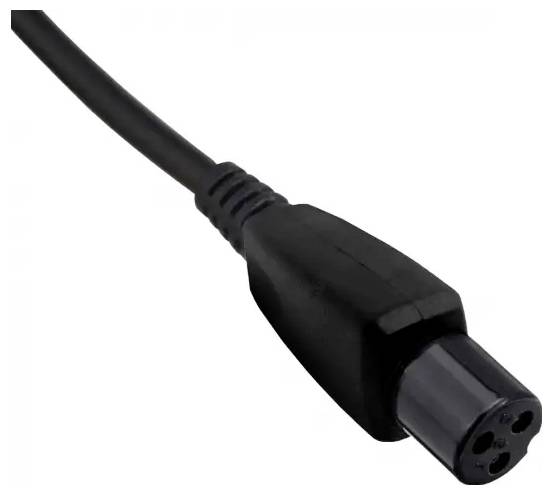 Gros plan d'un câble noir avec un connecteur circulaire à 3 broches sur fond blanc.
