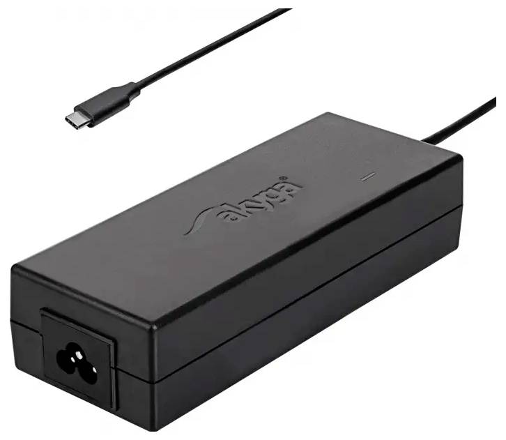 Adaptateur d'alimentation pour ordinateur portable noir avec connecteur USB-C intégré et port d'entrée CA sur le bloc.