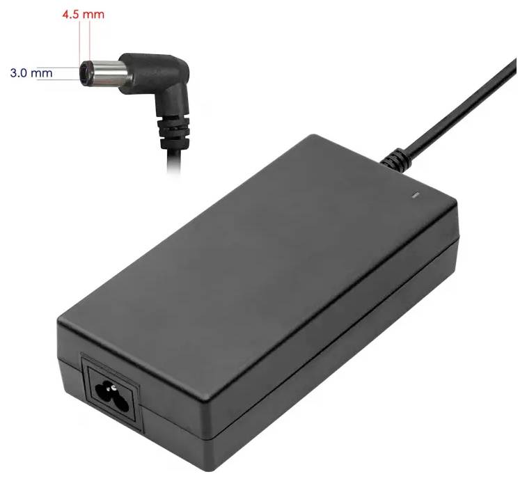 Adaptateur d'alimentation pour ordinateur portable noir avec connecteur à barillet coudé, étiqueté 4,5 mm de diamètre externe et 3,0 mm de diamètre interne.