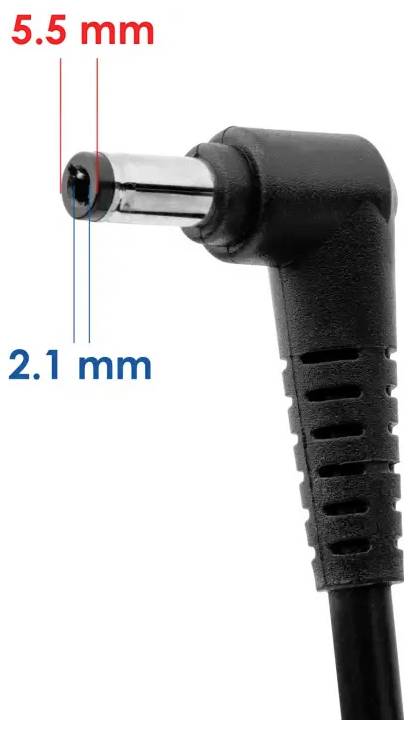 Photo d'une fiche d'alimentation CC à angle droit avec les dimensions étiquetées 5,5 mm et 2,1 mm, montrant la taille du connecteur