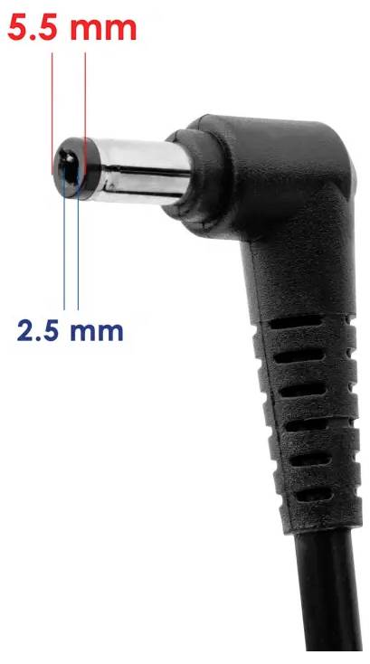 Fiche d'alimentation CC coudée avec diamètre extérieur de 5,5 mm et diamètre intérieur de 2,5 mm indiqués sur le connecteur