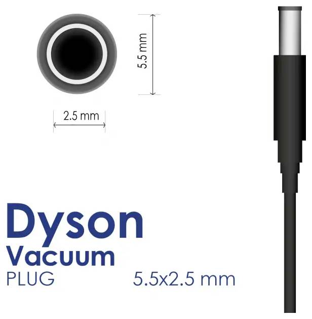 Fiche d'aspirateur Dyson avec connecteur à canon de 5,5 x 2,5 mm, présenté en vues de face et de profil avec dimensions.