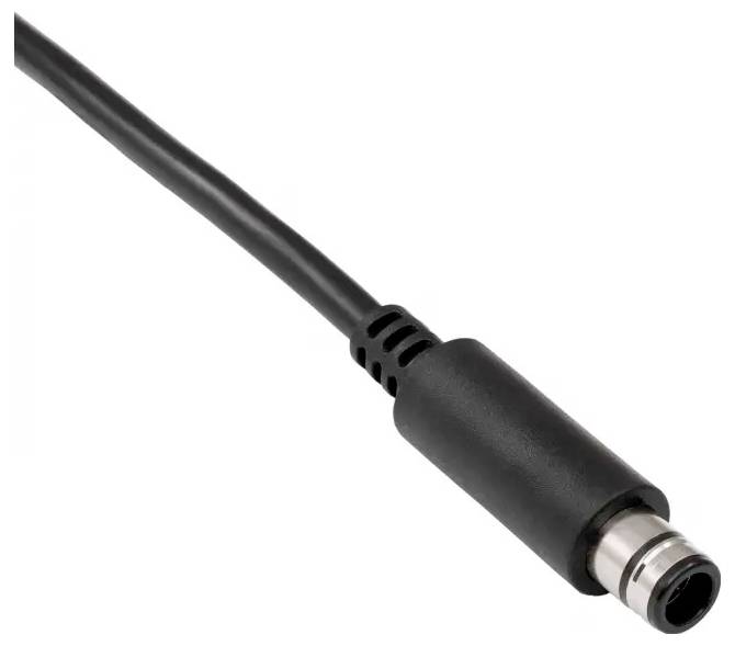 Câble connecteur d'alimentation CC noir avec fiche cylindrique sur fond blanc.