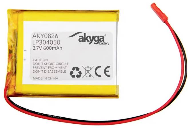 Batterie au lithium Aykga 3,7V 600mAh avec fils rouge et noir et connecteur sur fond blanc.