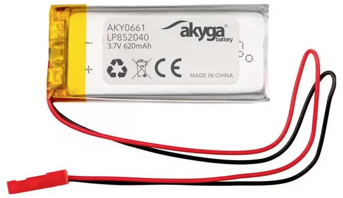 Petit ensemble de batterie lithium rechargeable étiqueté « AKY0661 LP852040 3.7V 620mAh » avec fils rouge et noir et connecteur.