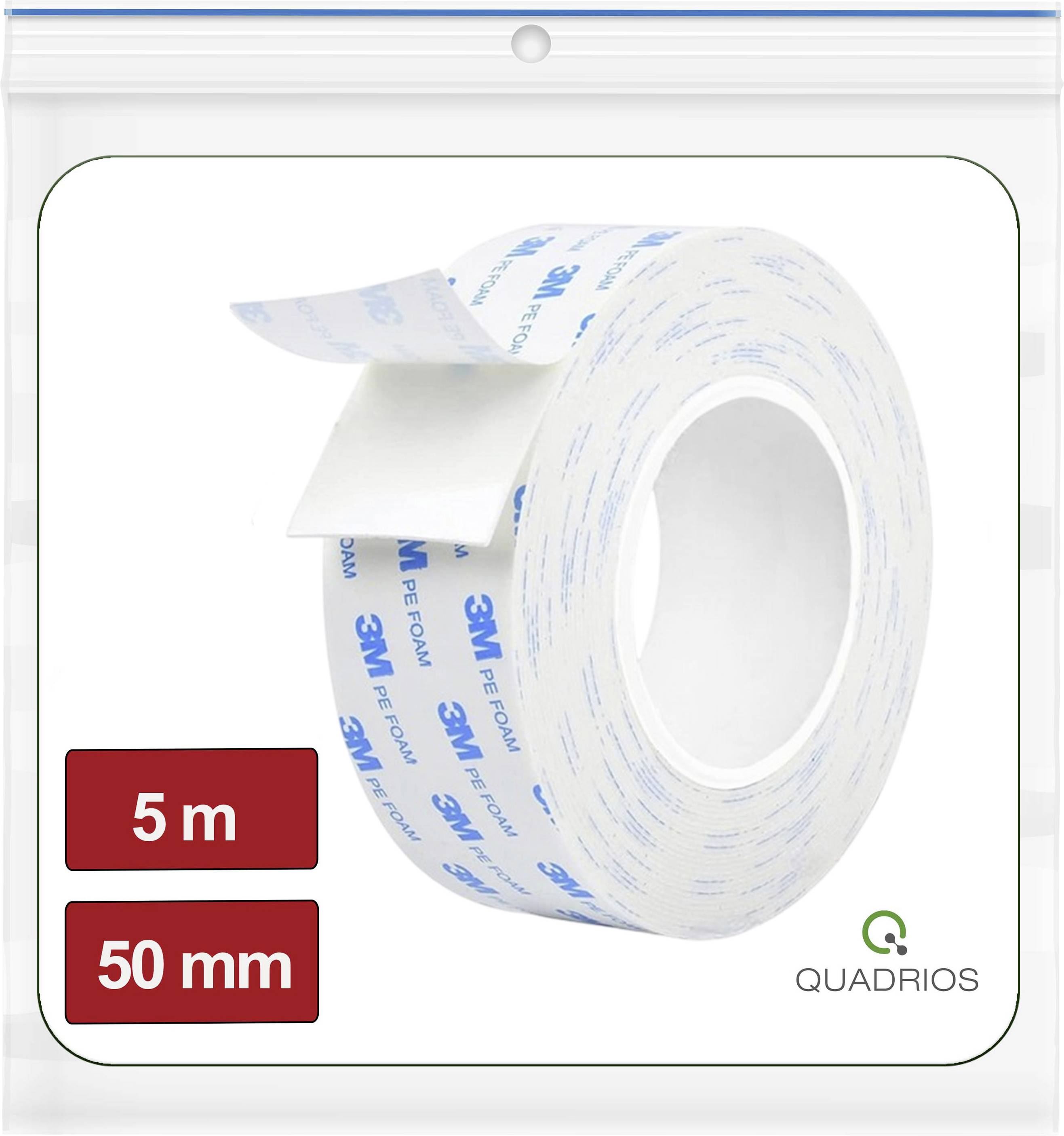 Rouleau de ruban adhésif en mousse PE blanc 3M sur emballage, étiqueté « 5 m » et « 50 mm » avec marque Quadrios.