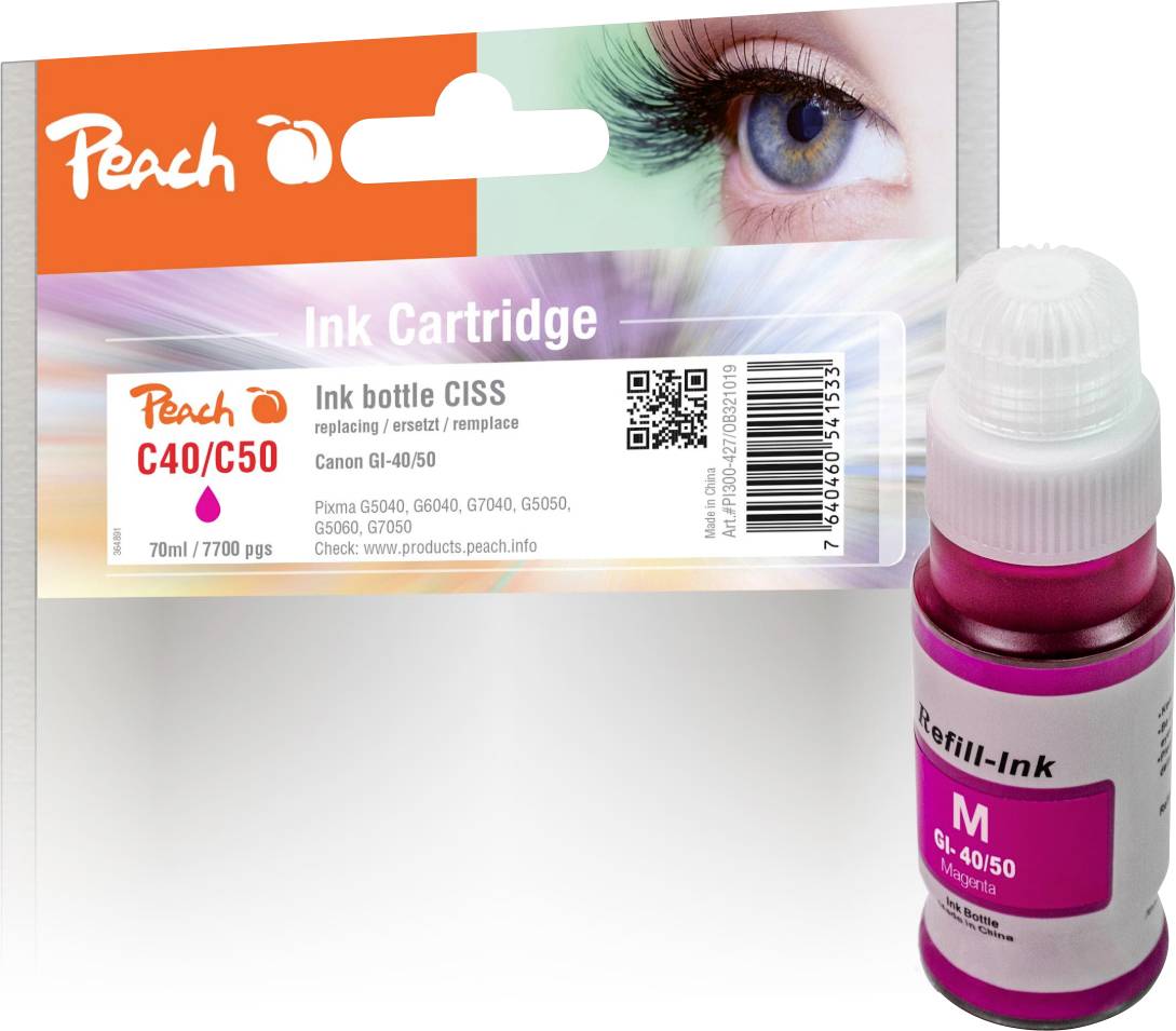 Cartouche de recharge Peach pour Canon GI-40/50, magenta, avec flacon et emballage ; affiche la cartouche d'encre compatible et le code QR.