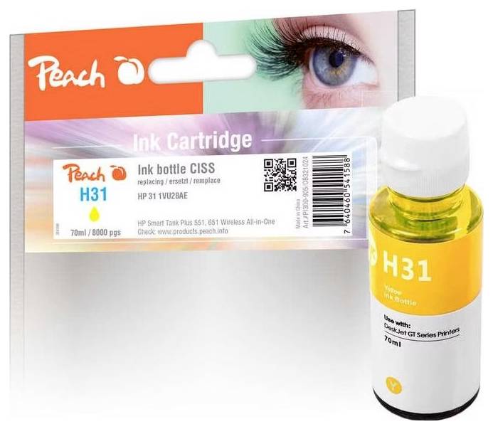 Emballage et flacon pour encre Peach H31, compatible avec HP 31 ; indication de 70 ml/8 000 pages et encre d'imprimante couleur.