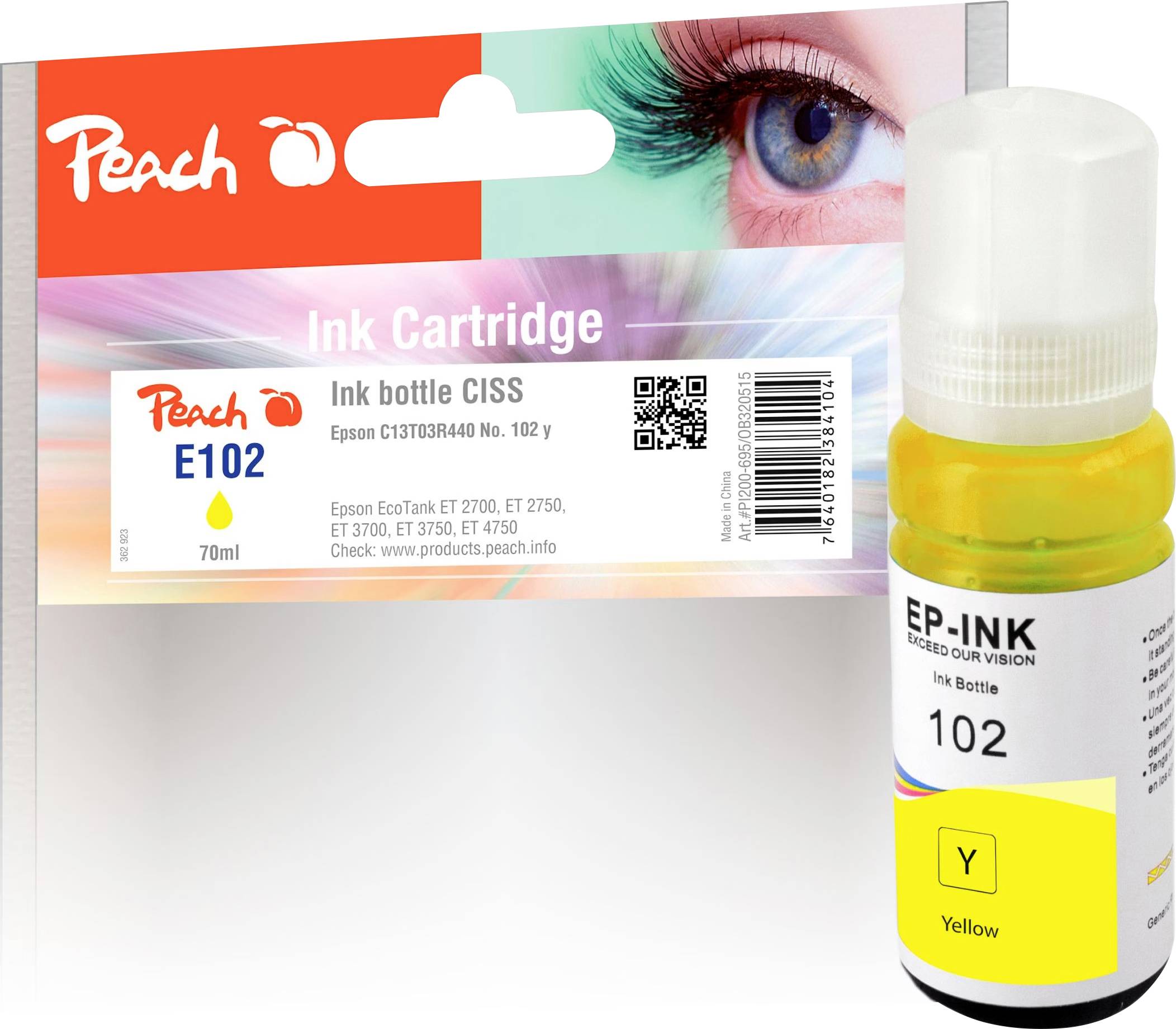 Flacon d'encre jaune « EP-INK 102 » de Peach avec emballage compatible pour imprimantes Epson ; 70 ml.