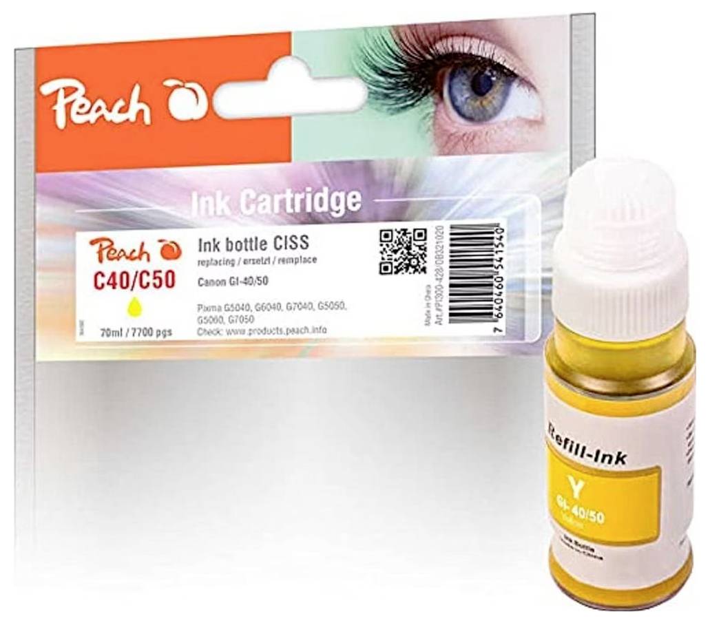 Kit de recharge d'encre Peach pour imprimantes Canon, avec étiquette, code QR et flacon d'encre jaune pour C40/C50.