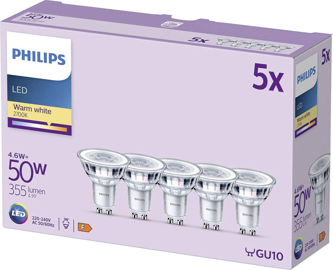 Philips Pack de 5 ampoules LED GU10, blanc chaud 2700K, 4,6W équivalent à 50W, 355 lumens.