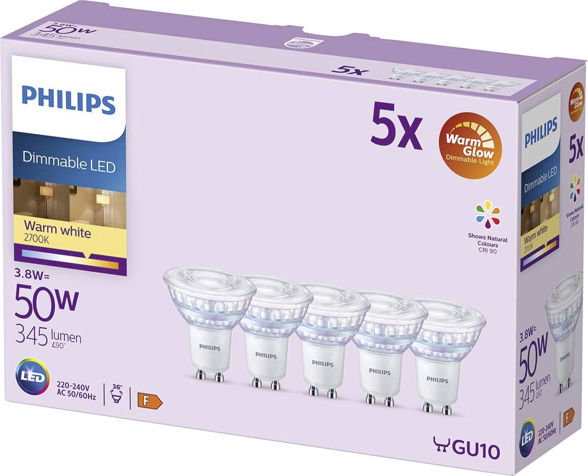 Boîte d'ampoules projecteur LED dimmables Philips, pack de 5, blanc chaud 2700K, 3,8W équivalent 50W, 345 lumens, culot GU10.