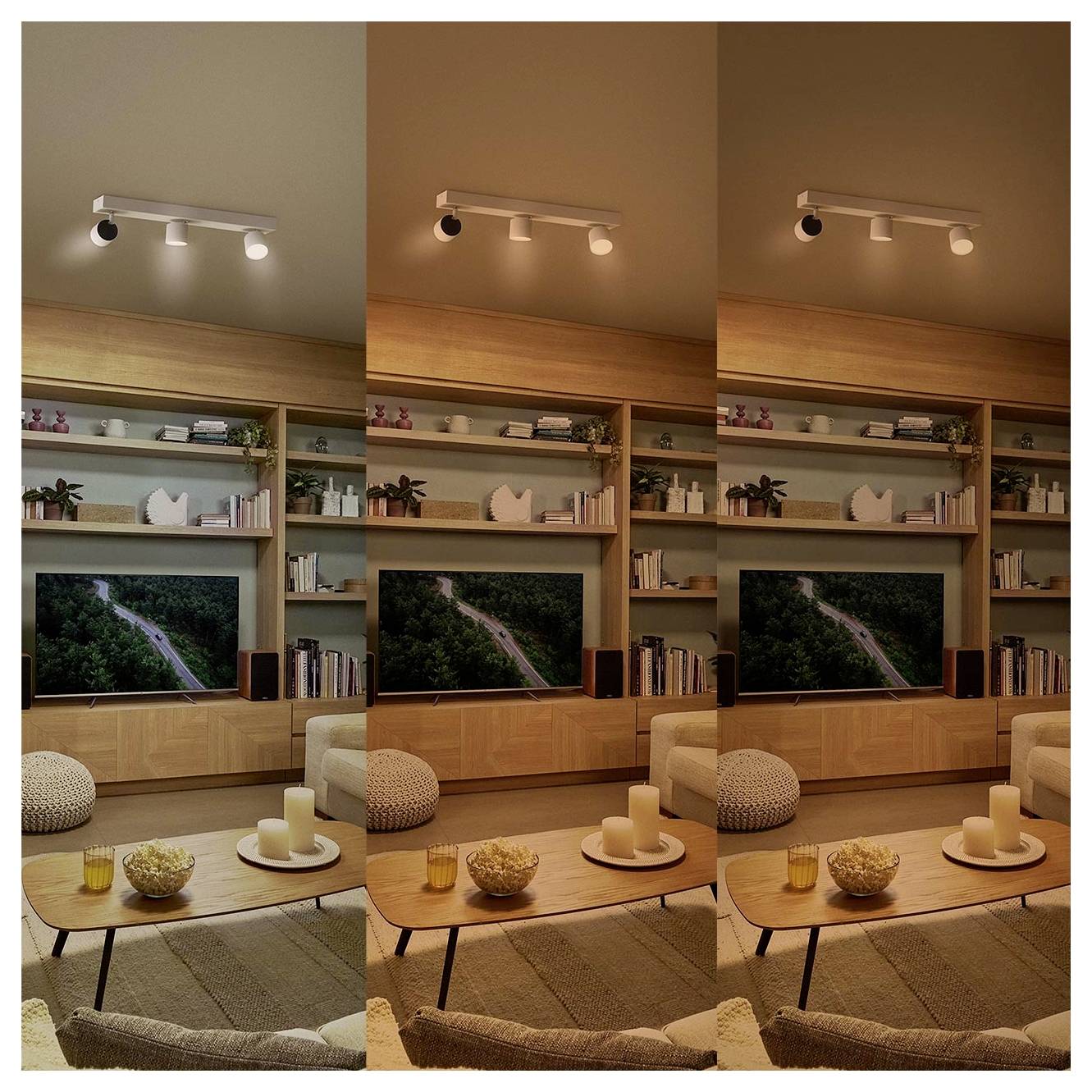 Trois photos du salon côte à côte montrent la même scène avec un éclairage progressivement plus chaud, démontrant différentes températures de couleur des lampes.