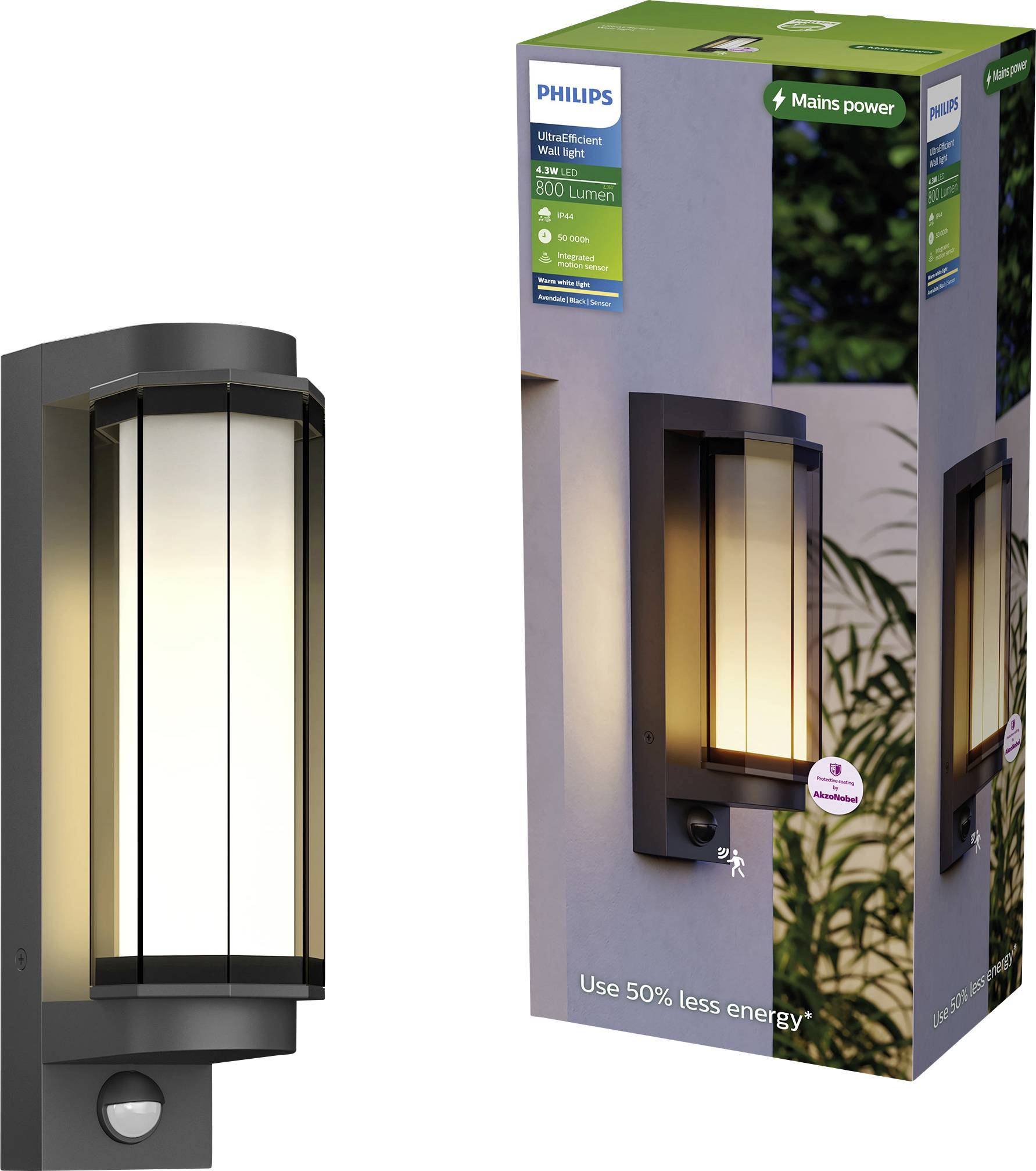 Lampe murale extérieure Philips avec détecteur de mouvement et ampoule alimentée secteur de 800 lumens, présentée à côté de sa boîte de produit.
