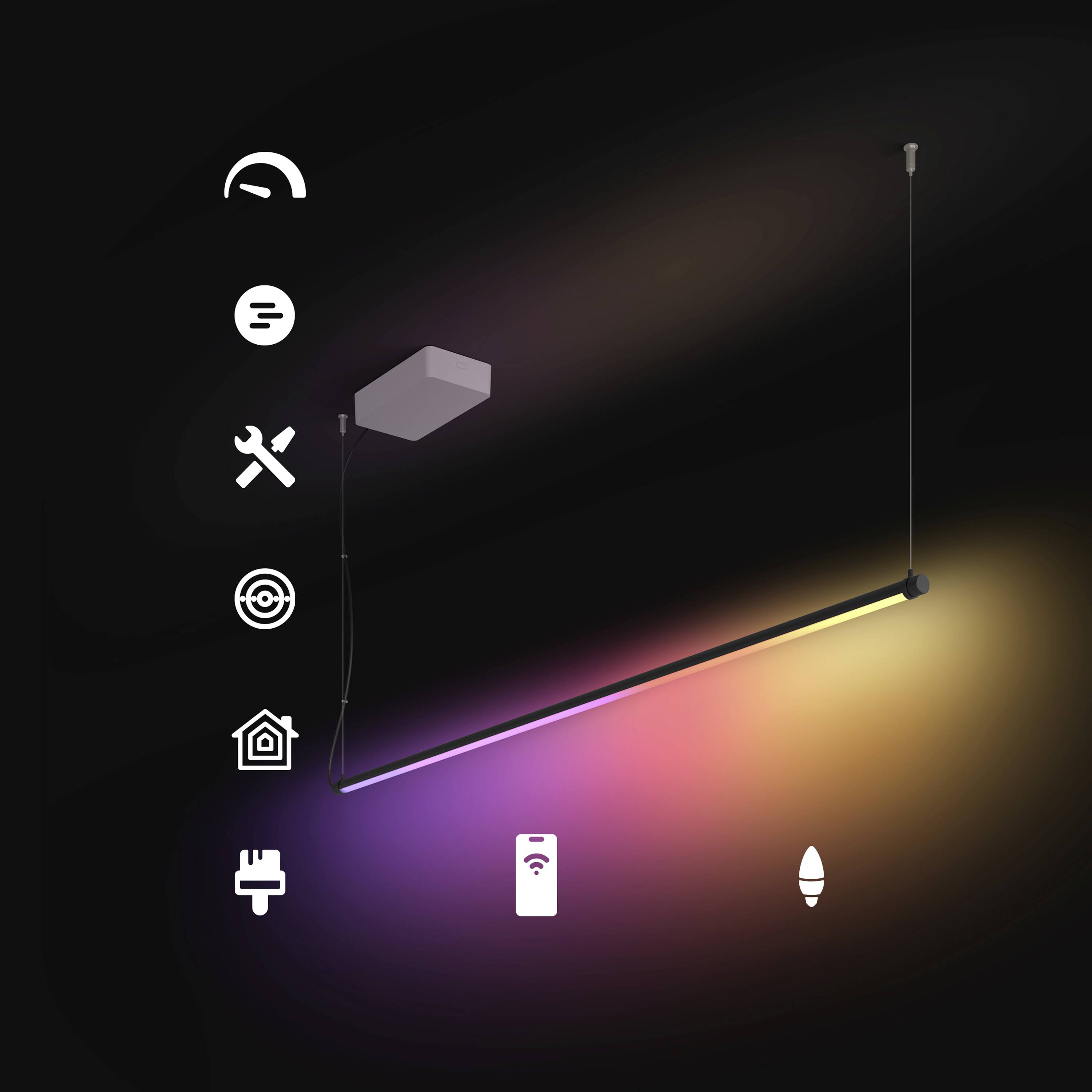 Une barre lumineuse LED intelligente au plafond avec lueur de couleur réglable, présentée avec des icônes de contrôle de style application pour la luminosité, les paramètres, le ciblage et la domotique.