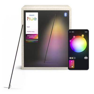 Lampadaire Philips Hue Sign présenté avec une application smartphone contrôlant une lumière dégradée du blanc à la couleur.