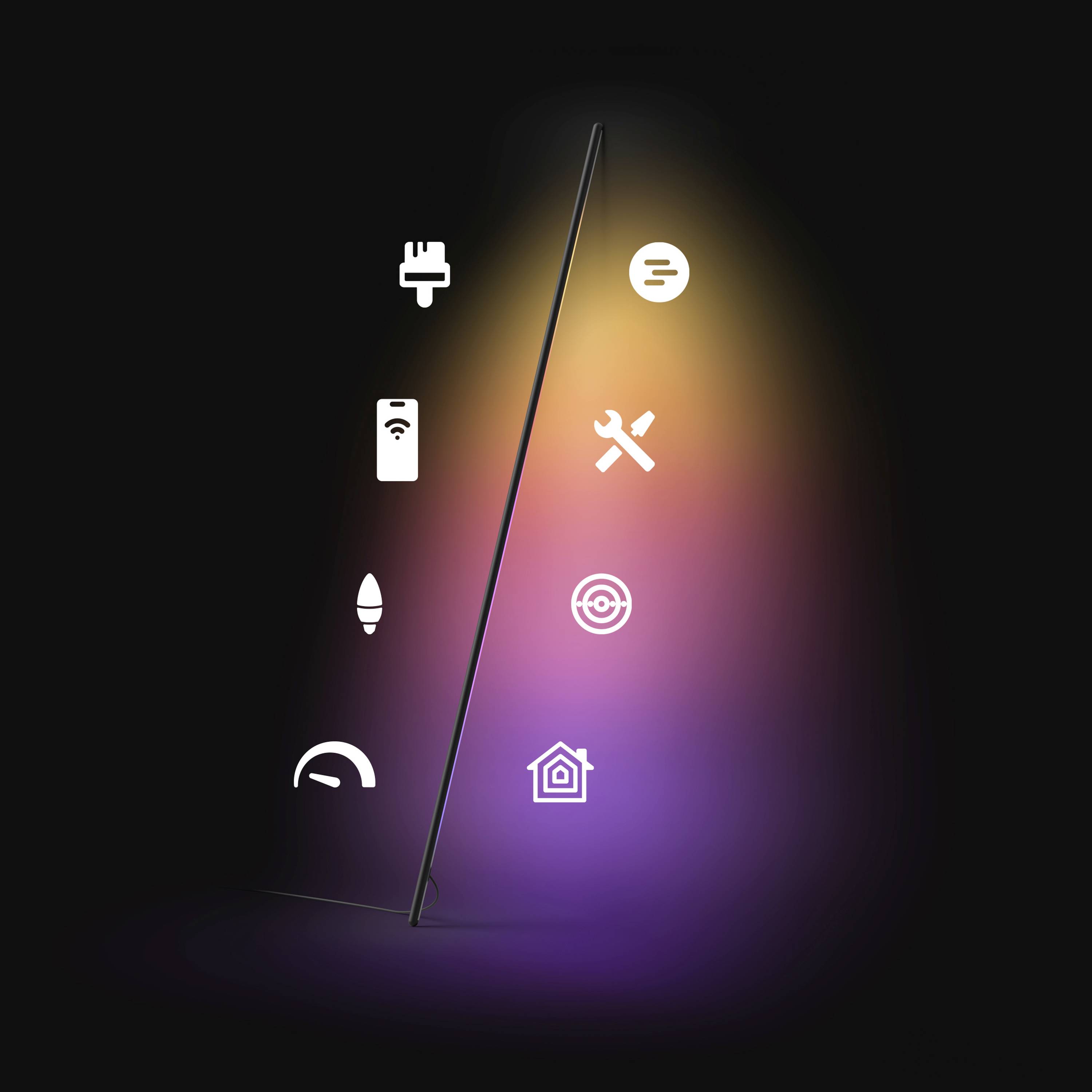 Appareil noir et mince montré de profil, brillant avec une lumière multicolore et entouré d'icônes d'applications de maison intelligente blanches sur un fond sombre.