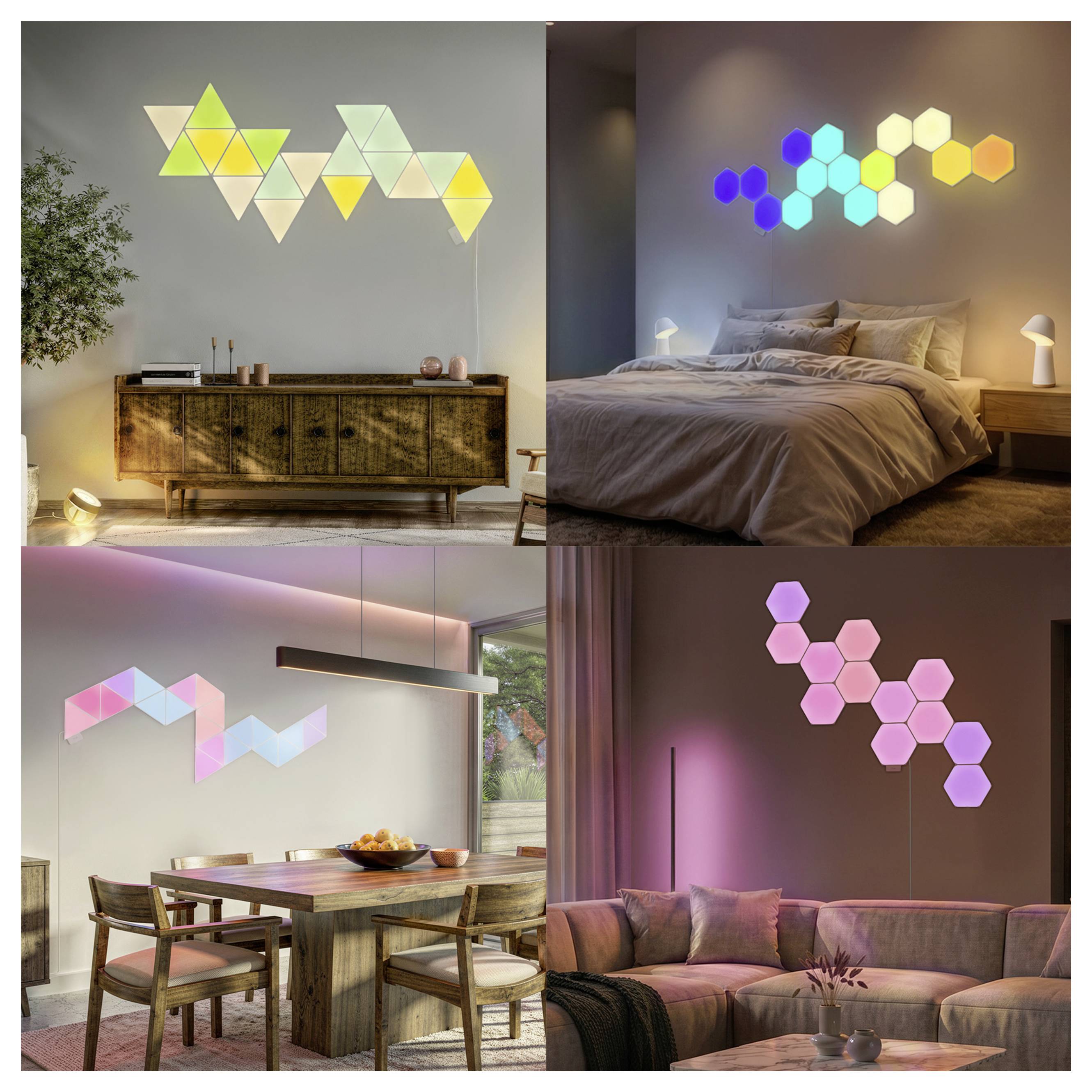 Collage à quatre pièces montrant des luminaires muraux hexagonaux dans un salon, une chambre à coucher, une salle à manger et un lounge, chacun avec des motifs de couleurs différents.