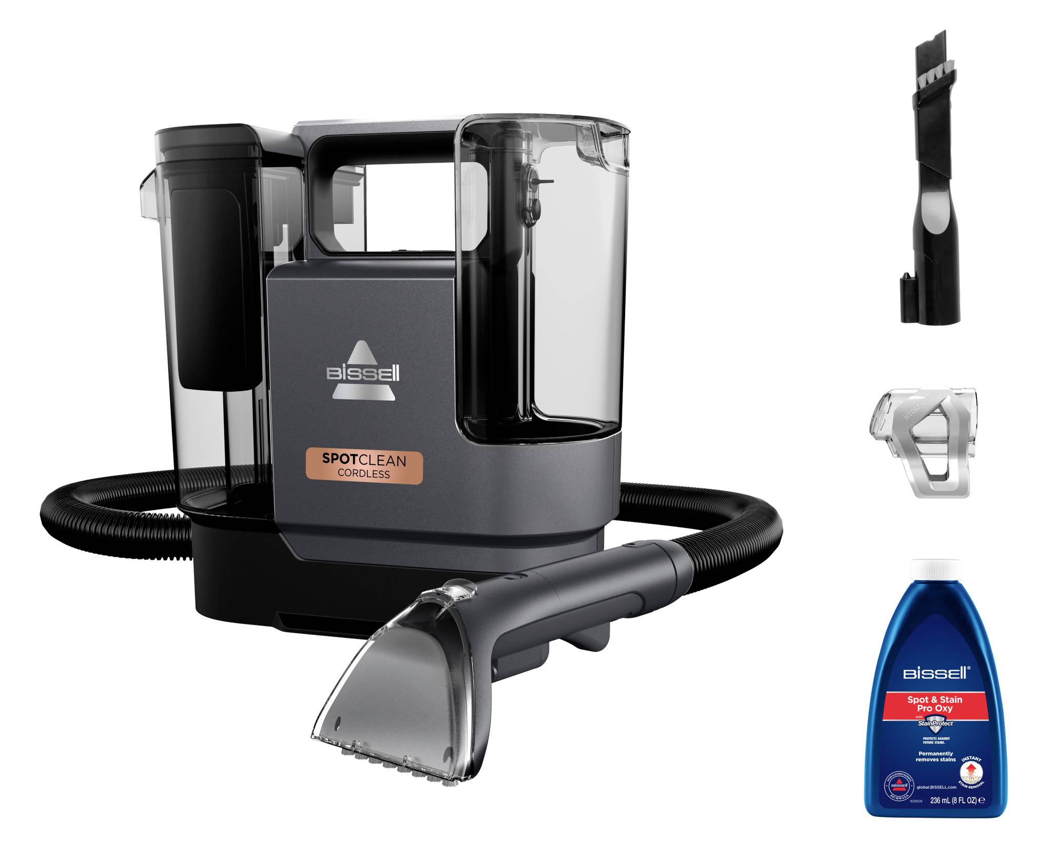 Nettoyeur de tapis portable sans fil Bissell SpotClean avec tuyau, outil de nettoyage des tissus d'ameublement portatif, outil pour fentes et flacon de détachant