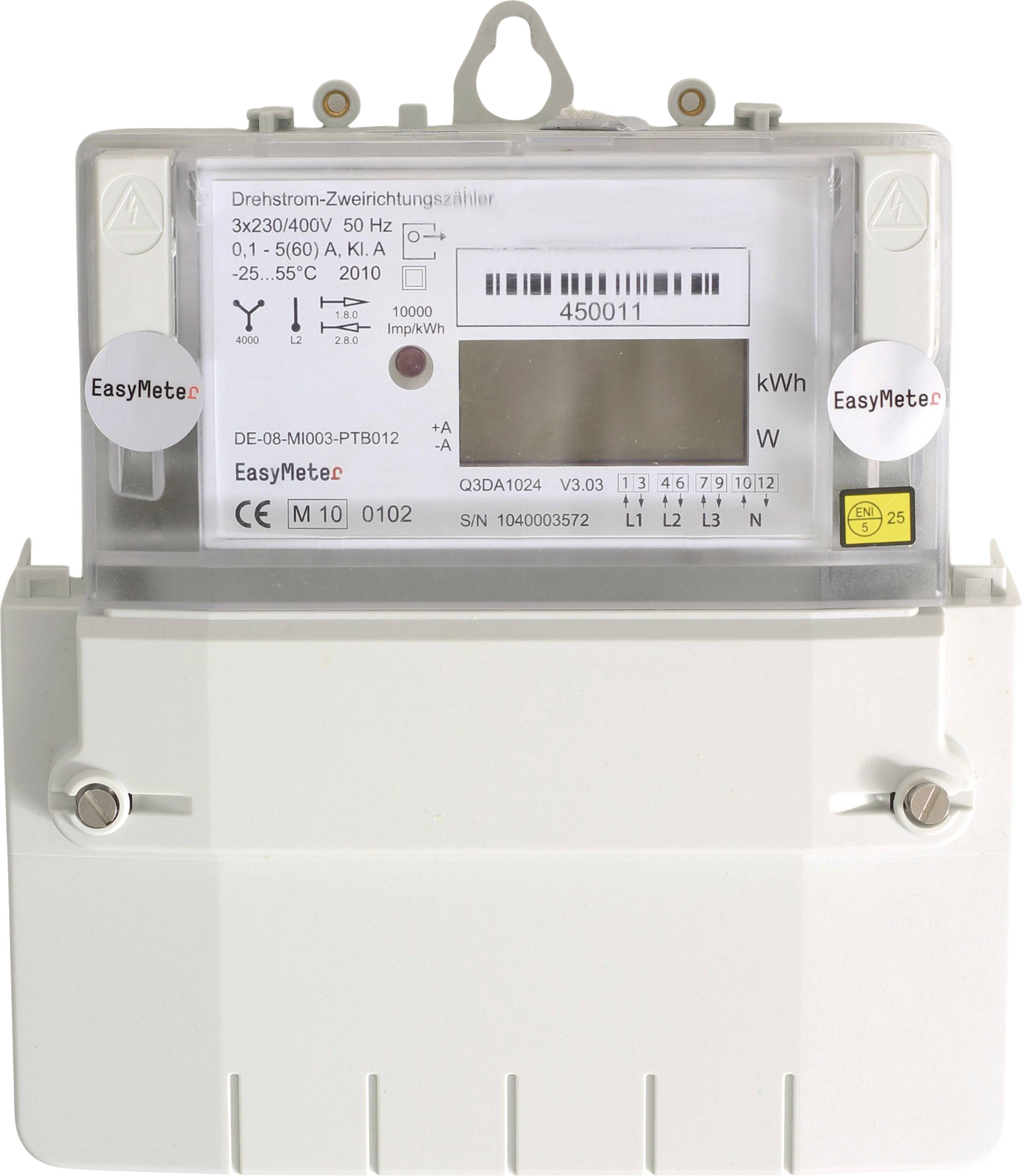 Compteur électrique numérique avec écran LCD et étiquette code-barres, présentant la marque EasyMeter et un boîtier en plastique blanc.